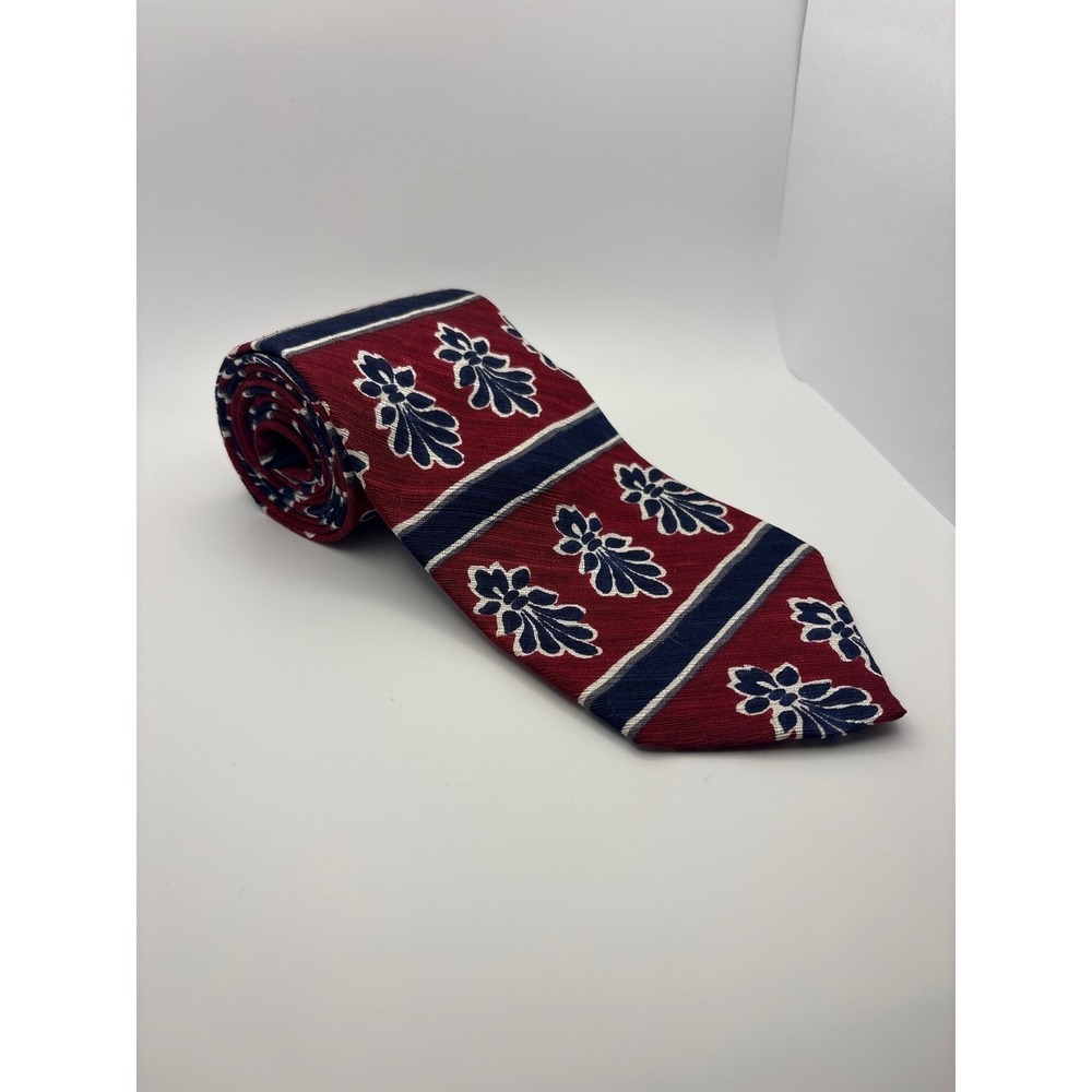 3C Mens Silk Tie Burgundy Red Navy Blue Floral Striped Pattern Necktie